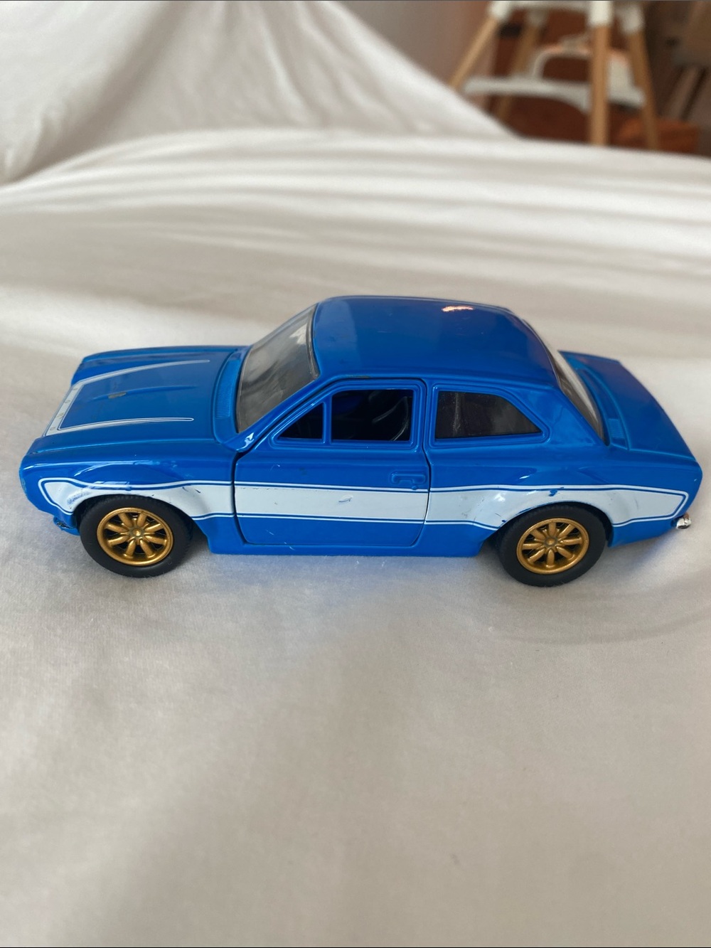 Vintage Blue & White Kids Toy Car with Gold Wheels